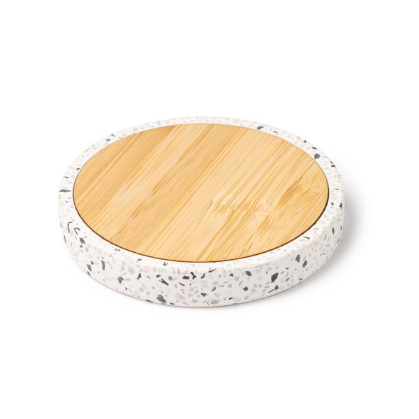 SILES Wireless charger with body made of recycled terrazzo stone and bamboo
