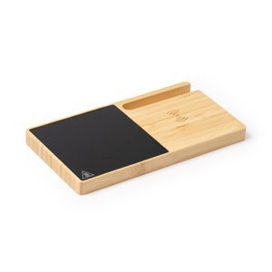 Stamina CT1570 - NASER Cup heater made of bamboo with 15W wireless fast charging tray and smartphone holder