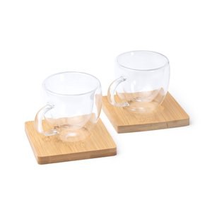 Stamina TZ1849 - ROBUS Set of two double-walled mugs made of borosilicate glass and individual bamboo trays