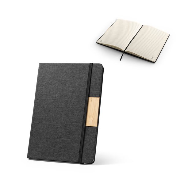A5 hardback notebook made from 100% recycled PET fabric, with recycled lined pages